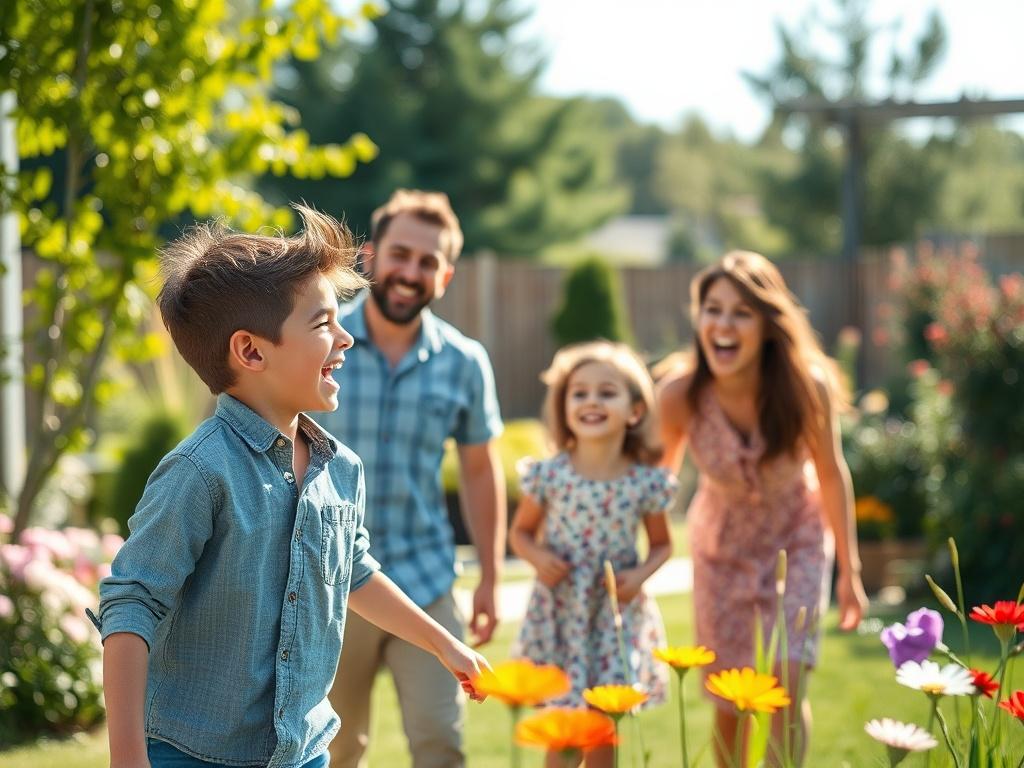 A hyper-realistic close-up shot of a serene outdoor scene featuring a family enjoying a sunny day in their backyard. The focus is on the family members laughing and playing together, symbolizing protection and happiness. The background is softly blurred, showcasing a well-maintained garden, with vibrant greenery and flowers, creating a warm and inviting atmosphere. The colors are aligned with the primary color rgb(2, 86, 197), emphasizing the theme of safety and security.