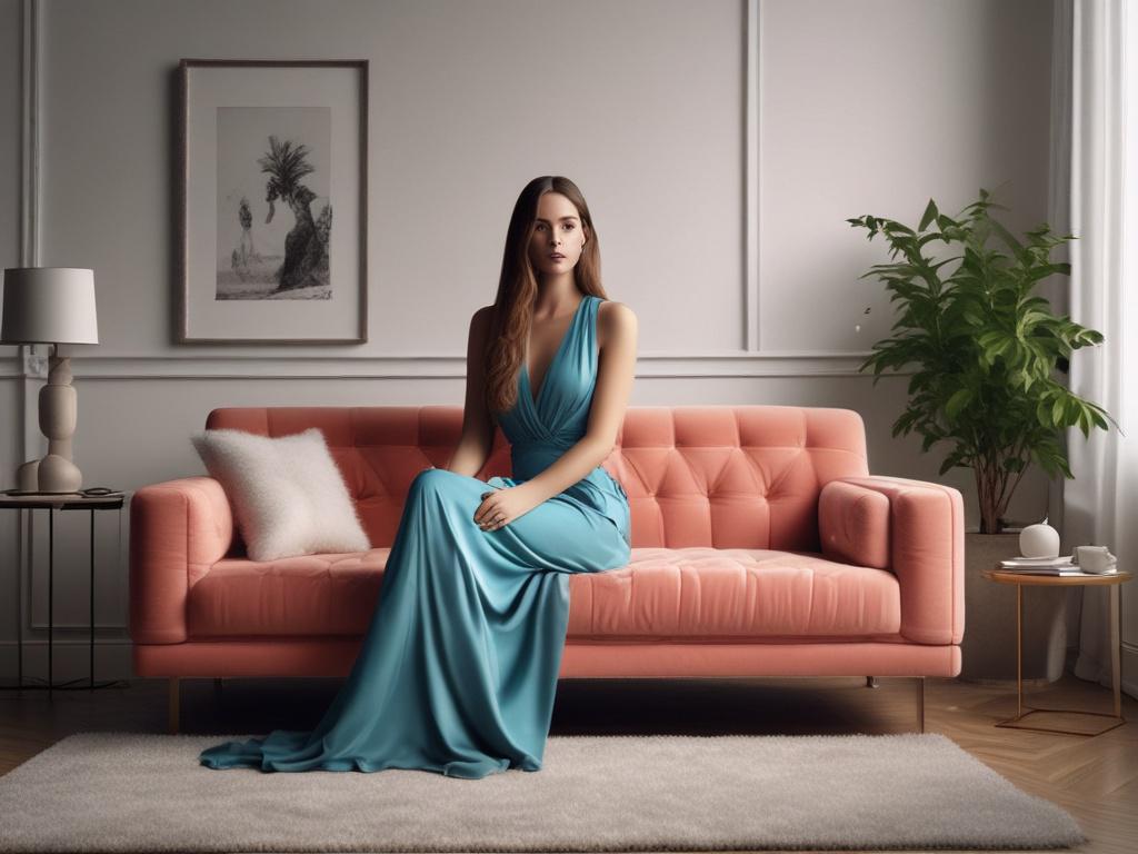 A stunning young woman with long flowing hair, dressed elegantly,
