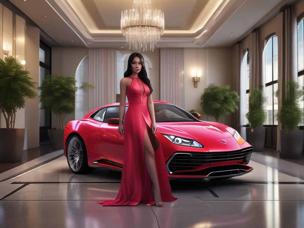 A stunning luxury escort standing elegantly in a sophisticated setting,
