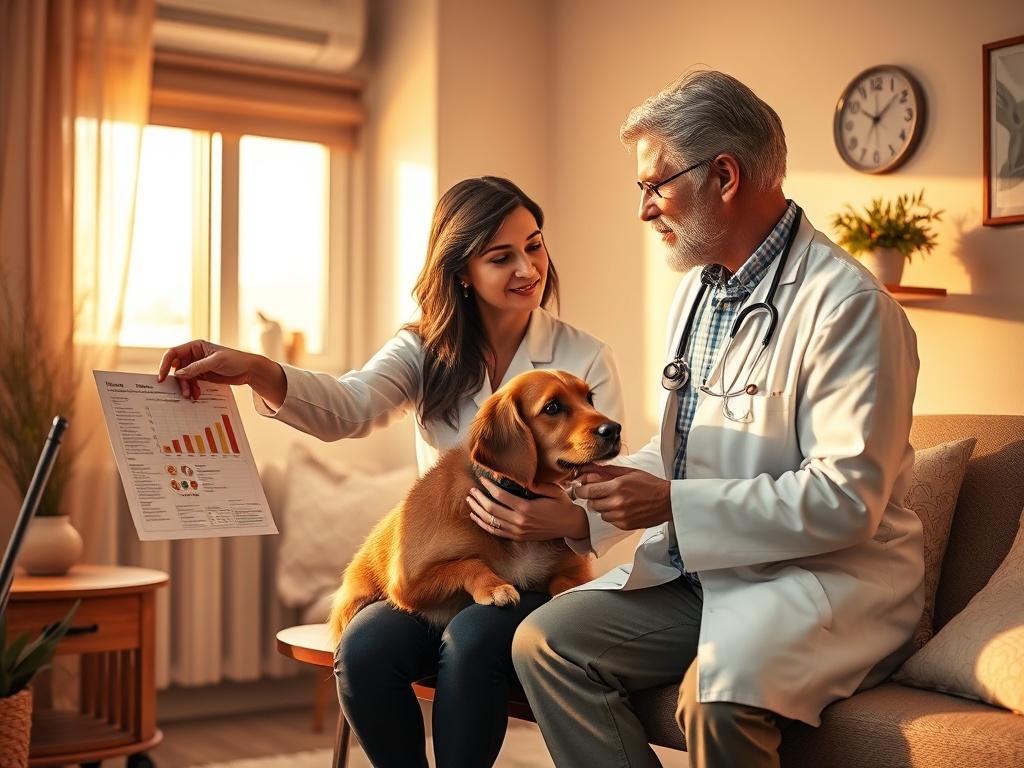 A serene setting featuring a veterinarian in a cozy, warm