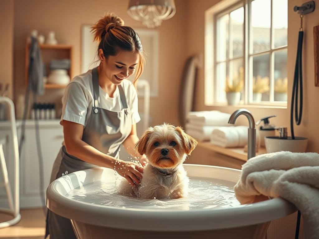 A tranquil grooming salon with a groomer gently bathing a
