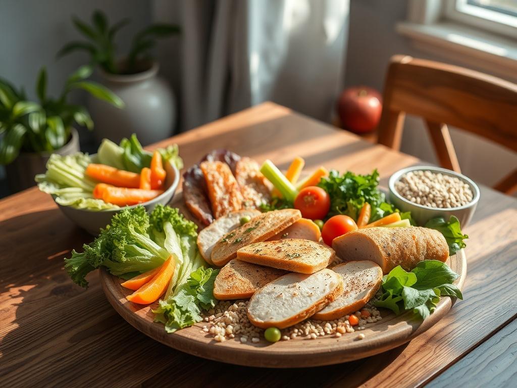 A beautifully arranged healthy meal on a wooden table, featuring