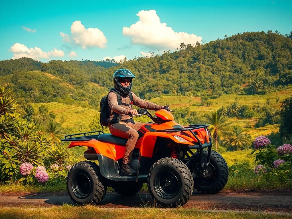 Create a realistic high-resolution photo that vividly captures the essence of an ATV rider exploring North Bali. The composition should feature a single ATV prominently positioned in the foreground, with a rider wearing a safety helmet and comfortable outdoor gear, exuding a sense of adventure and excitement. The ATV should be a vibrant color, contrasting with the lush greenery surrounding it.

In the background, depict the stunning tropical landscape of North Bali, showcasing dense forests, rolling hills, 