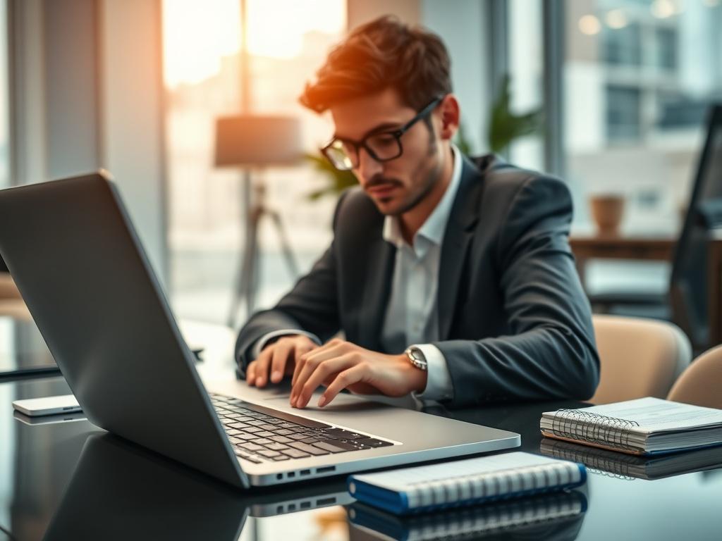 A hyper-realistic close-up of a business professional analyzing financial data on a laptop. The background features a modern office setting with soft lighting, showcasing a sleek desk and a notepad filled with notes. The subject should appear focused and engaged, highlighting the importance of revenue and pricing strategy in a business context. The color scheme in the image should complement the primary brand color, rgb(245, 77, 77).