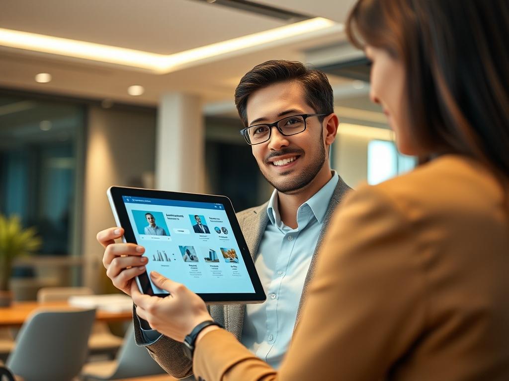 A hyper-realistic close-up shot of a professional consultant engaging with a client in a modern office setting. The consultant is showcasing a tablet displaying advanced technology solutions related to hospitality. The background features a sleek, contemporary office environment with soft lighting, emphasizing a collaborative atmosphere. The color scheme incorporates shades of teal, reflecting the brand's primary color (rgb(4, 104, 120)).