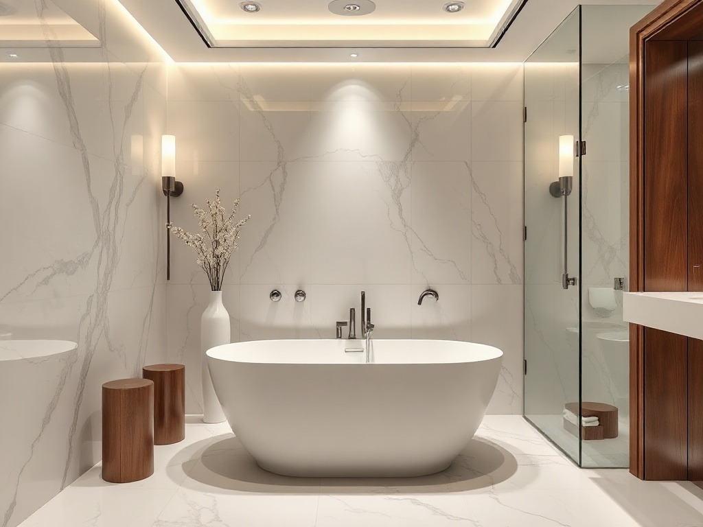 Elegant en-suite with freestanding bathtub and marble tiling