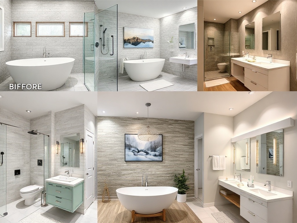 Multiple luxury bathroom designs with contemporary fixtures and finishes