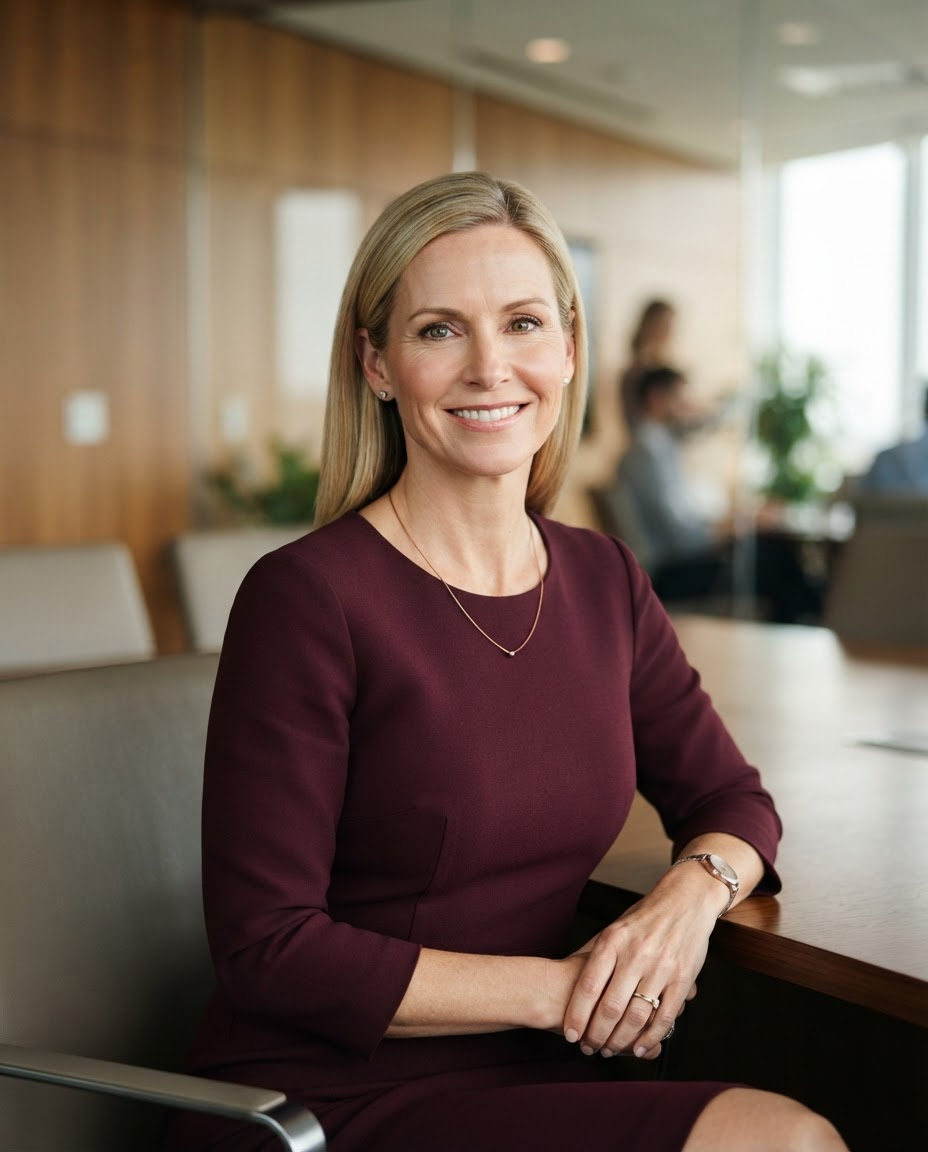 Professional portrait of Claire Whitford, Client Delivery Lead, wearing a tailored burgundy dress, seated in a warm conference room.