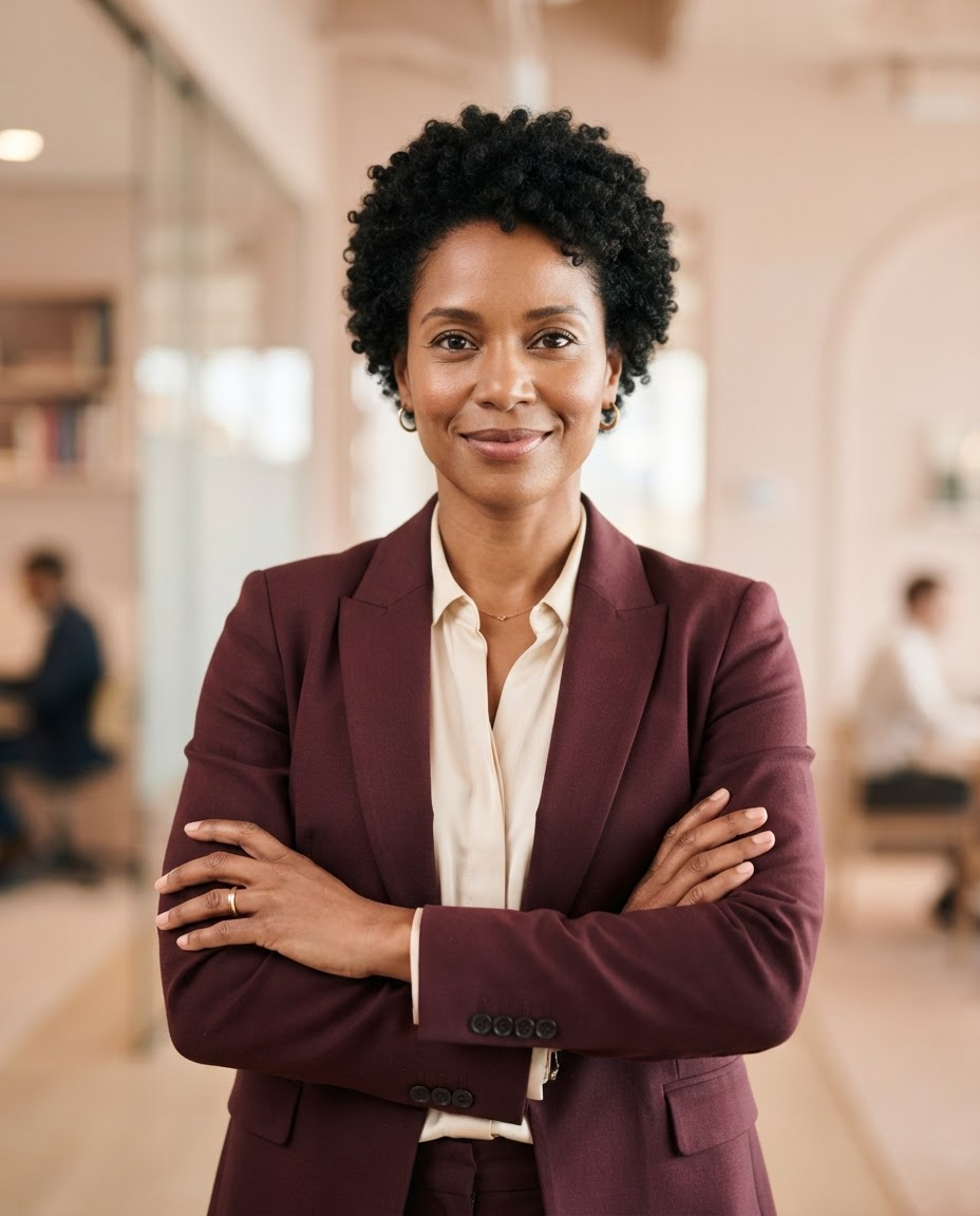 Professional portrait of Maya Ellison, Principal Data Architect, wearing a burgundy blazer, arms crossed in a warm neutral office.