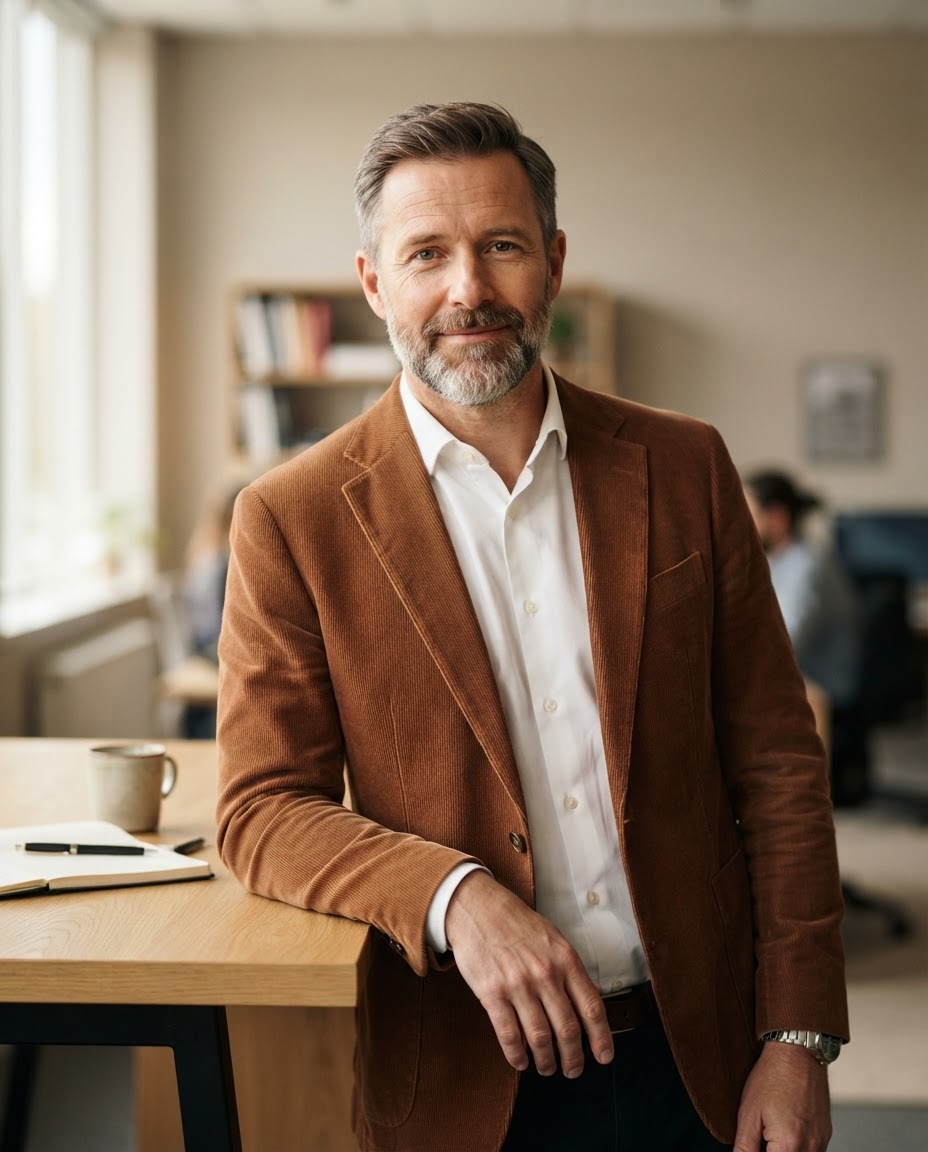 Professional portrait of Grant Holloway, Analytics Engineering Lead, wearing a copper-brown corduroy jacket, leaning against a desk.