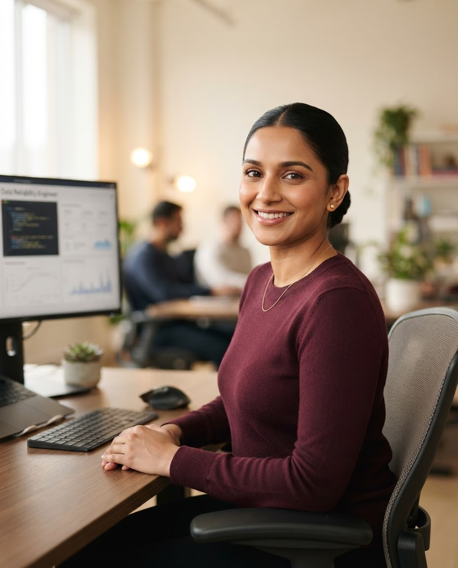 Professional portrait of Priya Nanduri, Data Reliability Engineer, wearing a deep burgundy sweater, seated at a workstation.