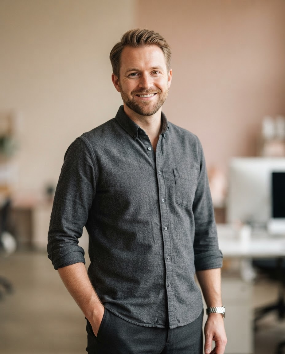 Professional portrait of Owen Carlisle, AI Workflow Strategist, wearing a charcoal-grey shirt with rolled sleeves, standing against a warm backdrop.