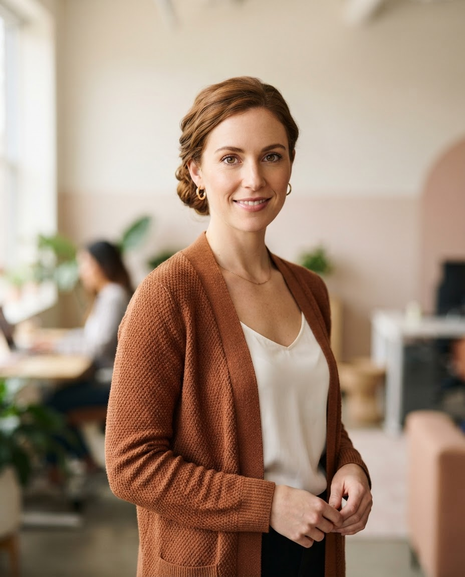 Professional portrait of Sophie Kettering, Data Governance Specialist, wearing a copper-rust cardigan over a white top, in a warm off-white office.