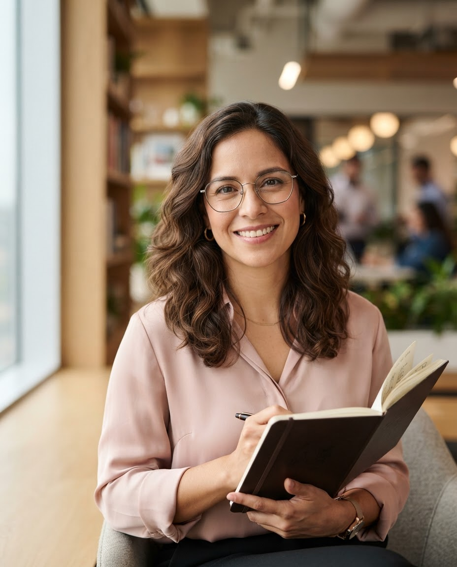Professional portrait of Renee Alvarez, Automation Product Designer, wearing a blush-pink blouse and thin-rimmed glasses, holding a sketchbook.
