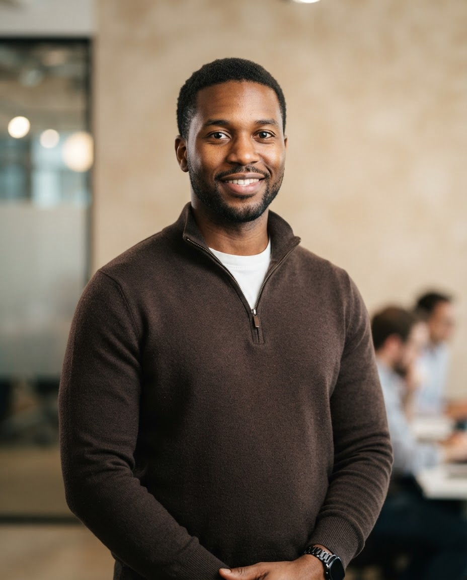 Professional portrait of Marcus Bellamy, Machine Learning Engineer, wearing a dark chocolate-brown quarter-zip sweater, standing against a beige wall.