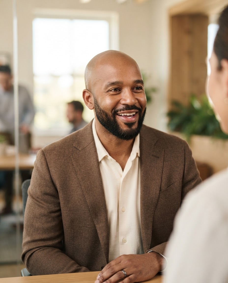 Professional portrait of Daniel Okafor, Change Enablement Consultant, wearing a warm brown suit jacket over a cream shirt, smiling mid-conversation.