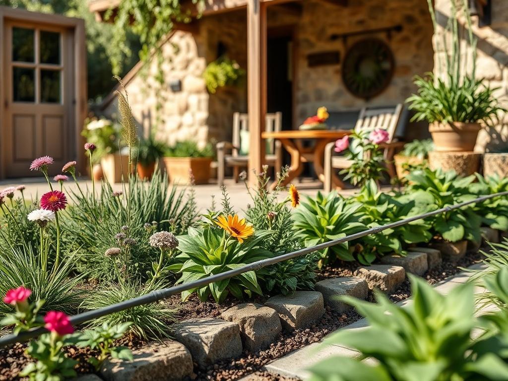 A close-up view of a beautifully arranged patio garden with a drip line irrigation system in place. The image should focus on the lush greenery of various plants and flowers, showcasing the drip line subtly integrated into the garden's layout. The background should include a rustic patio setting with earthy textures, such as wooden furniture and natural stonework, bathed in warm sunlight to create a serene and inviting atmosphere.