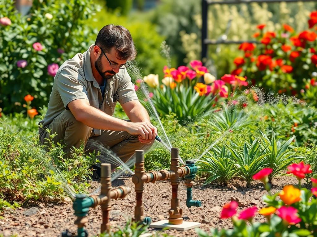 A technician inspecting an irrigation system in a garden