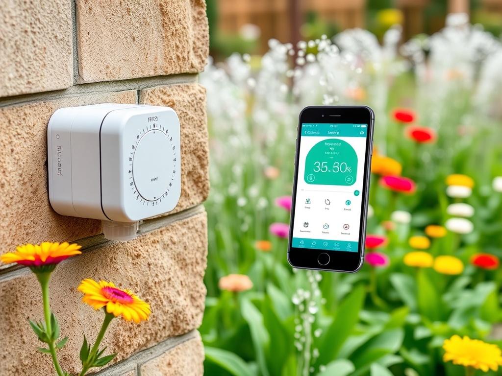 A close up of a modern smart irrigation timer mounted