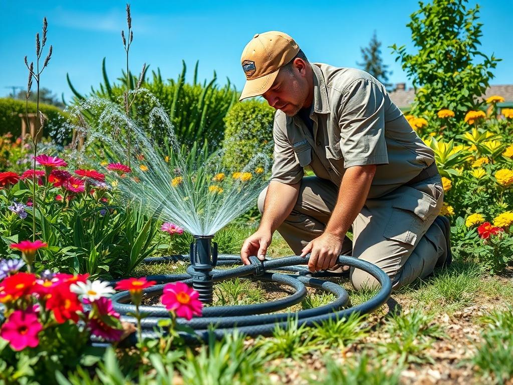 A professional installer setting up an irrigation system in a