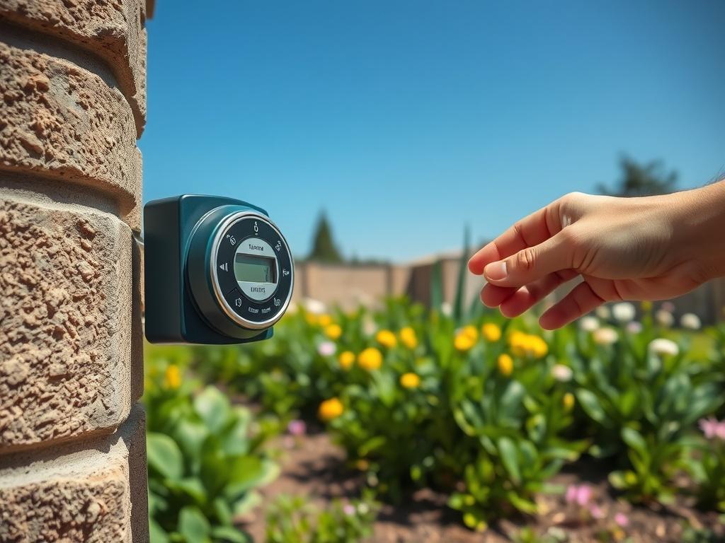 A close-up of a modern irrigation timer mounted on a garden wall, with a hand adjusting the settings. The background features a well-maintained garden with vibrant green plants and flowers. The image captures a sunny day with clear blue skies, showcasing the beauty of a healthy landscape.