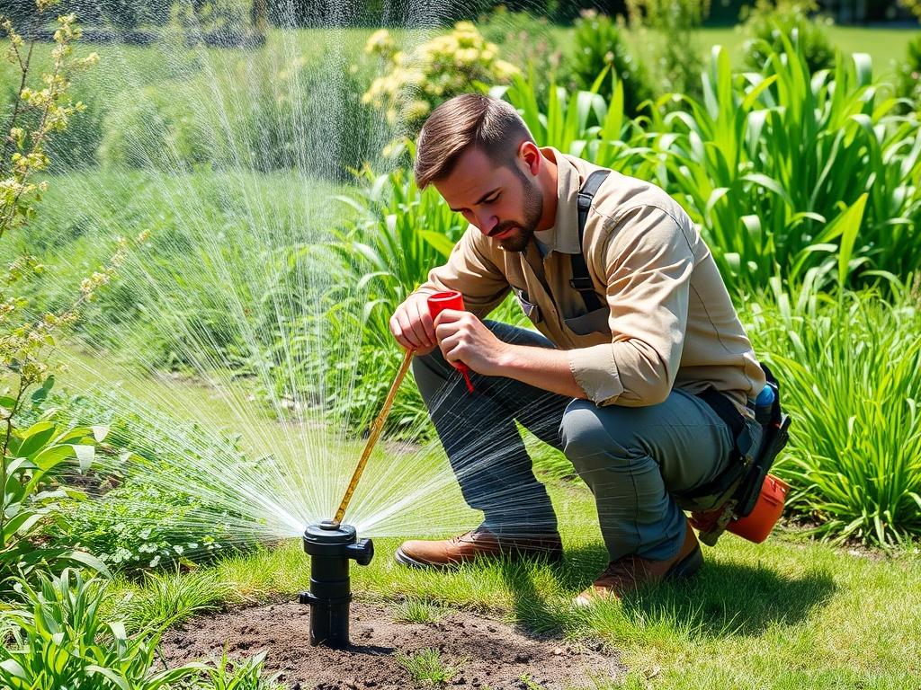 A realistic high-resolution photo of a professional assessing a sprinkler system in a lush, green garden. The technician is kneeling beside a sprinkler, using a measuring tool to evaluate water coverage. The background features vibrant plants and grass, showcasing a well-maintained landscape. The scene is bright and sunny, emphasizing the importance of proper irrigation for a thriving garden.