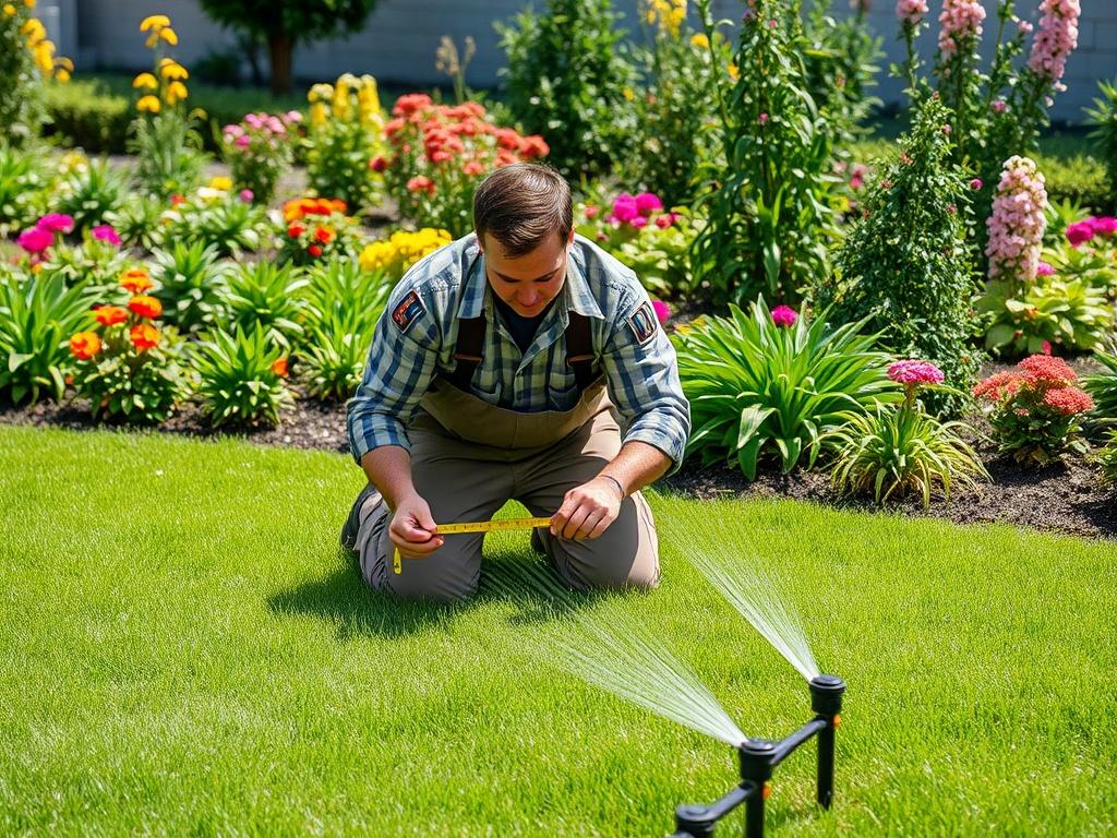 A realistic high-resolution photo of a professional irrigation technician kneeling in a lush green lawn, using a measuring tape to assess the coverage of sprinkler systems. The background features a well-maintained garden with various plants and flowers, showcasing vibrant colors. The technician is focused on their task, with sprinklers visible in the foreground, emphasizing the attention to detail in ensuring optimal irrigation. The scene is bright and sunny, reflecting a perfect day for landscaping work.
