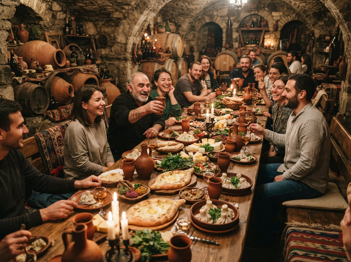 Traditional Georgian supra feast with wine in a rustic cellar
