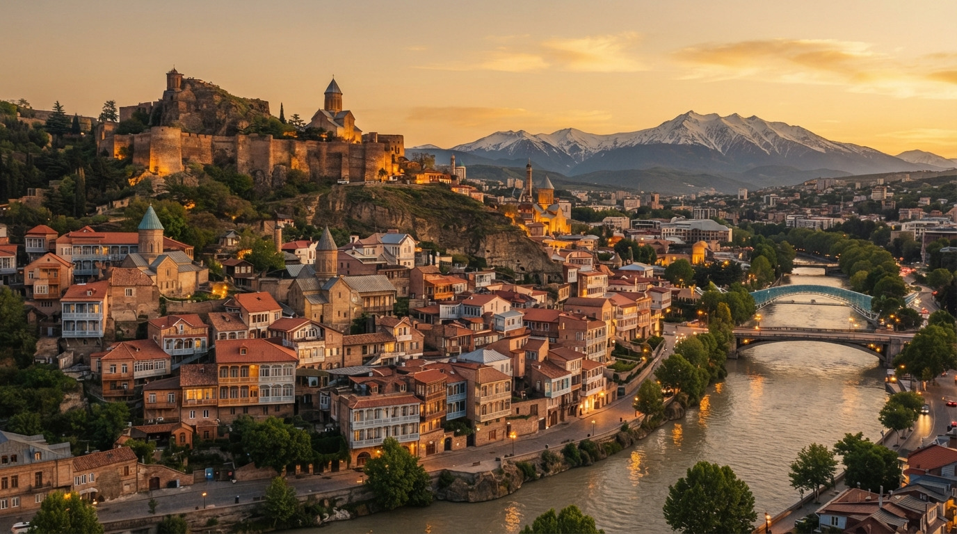 Panoramic view of Tbilisi old town at golden hour with the Caucasus mountains beyond