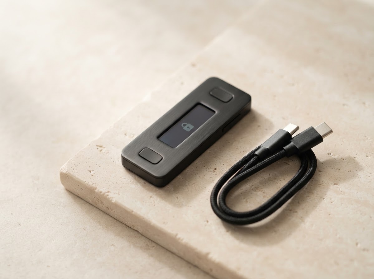 A hardware wallet device and USB cable arranged on a light stone surface