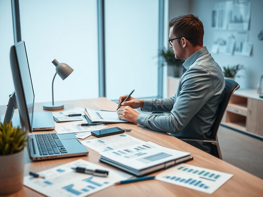 A high-resolution photo of a financial planner working on a pension report at a desk, with charts and retirement planning documents scattered around. The environment is a modern office featuring cool-toned colors with rich blues and soft grays, promoting a sense of professionalism and trust.