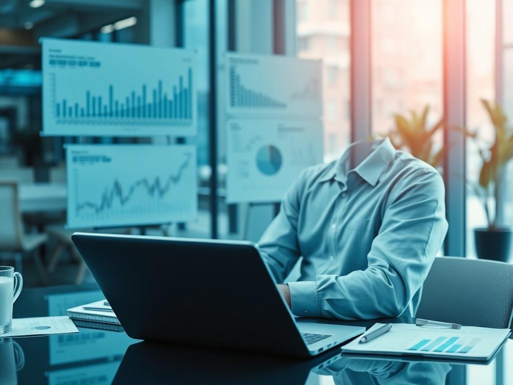 A high-resolution photo of a professional financial analyst reviewing investment data on a laptop, surrounded by charts and graphs in a modern office setting. The background features cool-toned colors with shades of rich blues and soft grays, creating a calm and focused work environment.