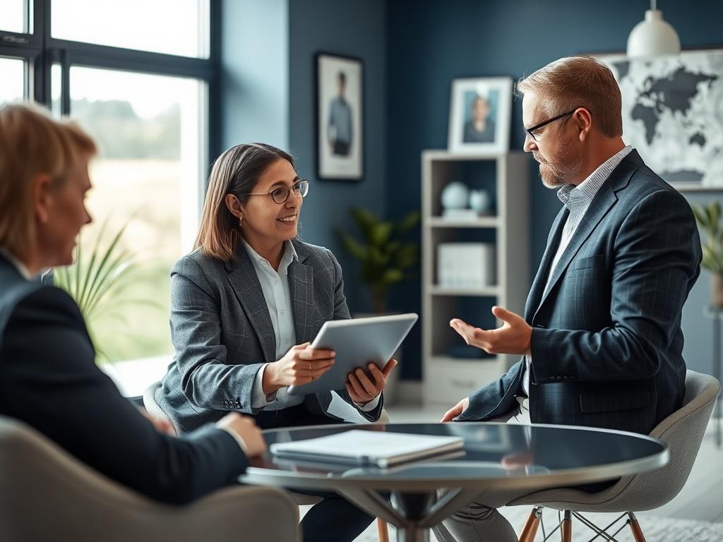 A high-resolution photo of a financial advisor discussing protection plans with a client, using a tablet to display information. The setting is a bright, inviting office with cool-toned colors, rich blues, and soft grays, emphasizing a professional yet approachable atmosphere.