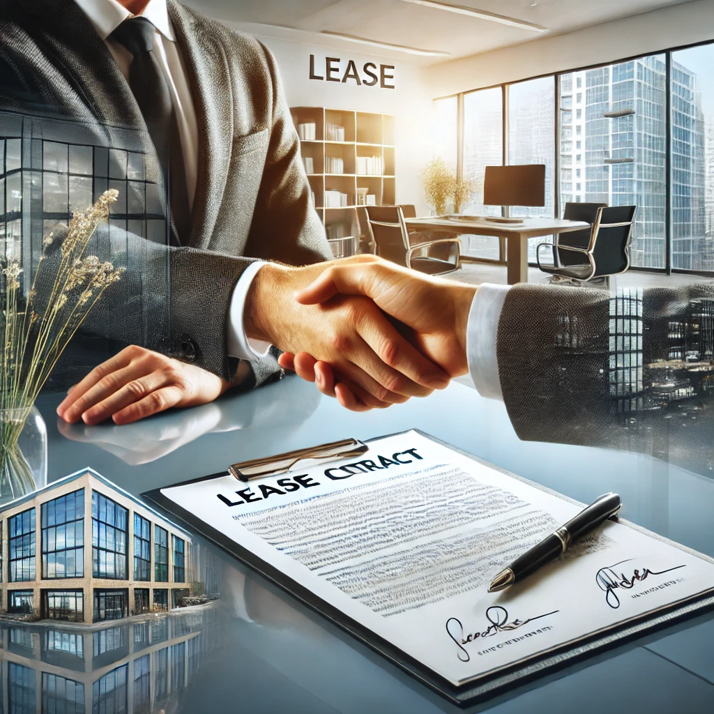 dall·e 2025-01-10 02.44.38 - a professional illustration of a modern commercial office space being leased, featuring a handshake between a real estate agent and a client in a well.webp