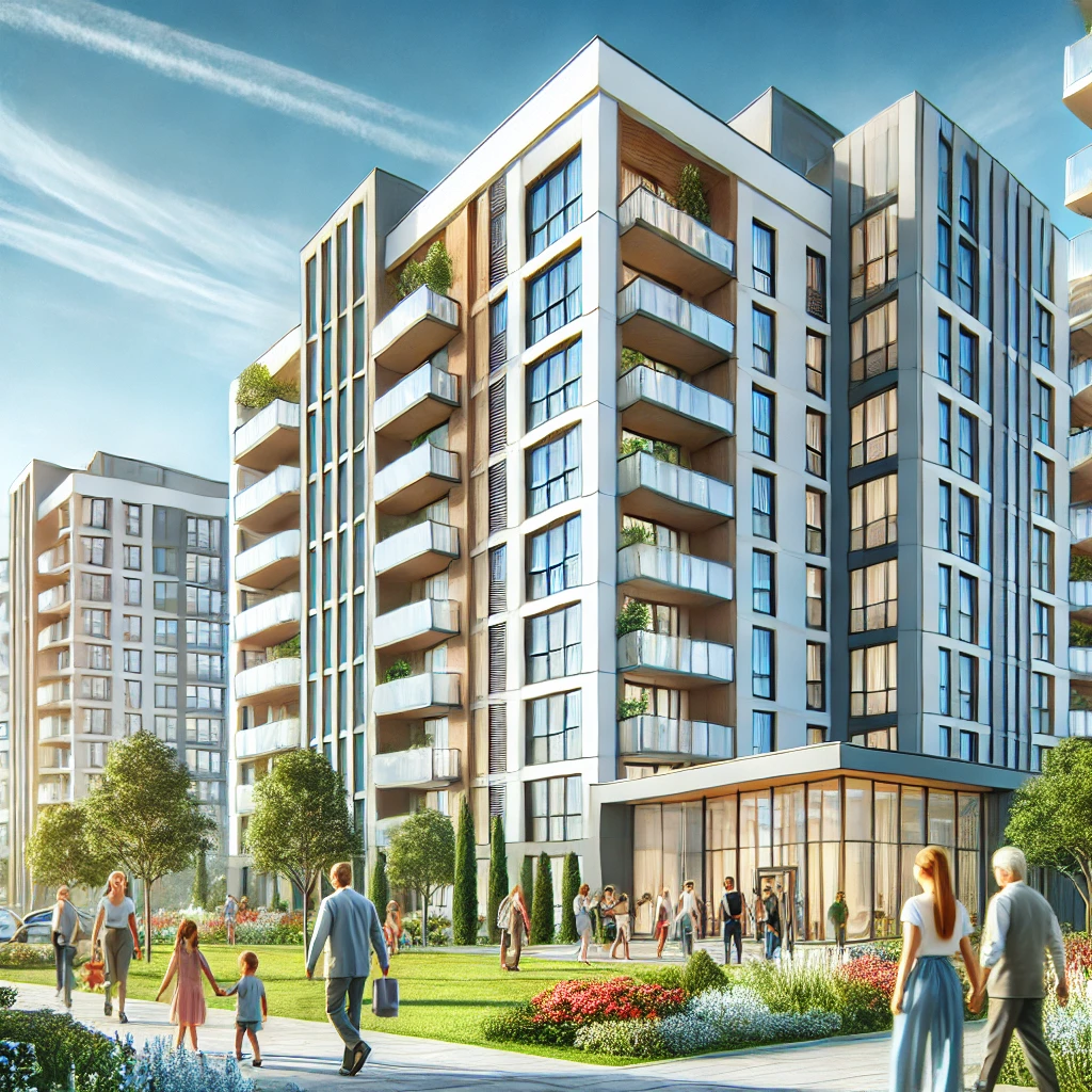 dall·e 2025-01-10 02.28.41 - a professional illustration depicting a modern residential building with multiple apartments, landscaped surroundings, and a welcoming atmosphere. the.webp
