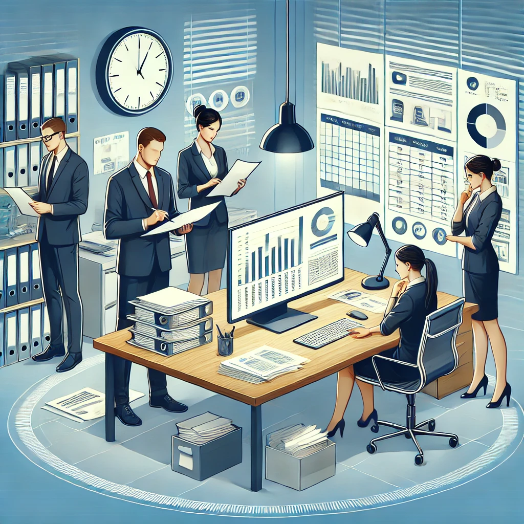 dall·e 2025-01-10 03.07.28 - a professional illustration of a modern office environment featuring a team of professionals working collaboratively on document preparation and admin.webp