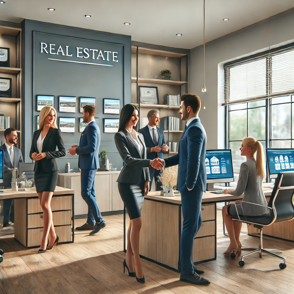 dall·e 2025-01-10 02.39.29 - a professional real estate office scene showcasing agents and brokers interacting with clients. the office has a modern design with a bright, welcomin.webp
