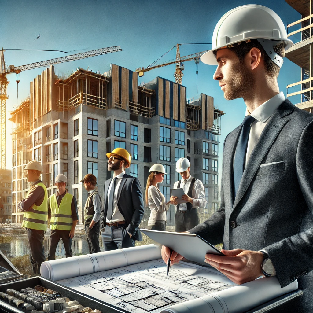 dall·e 2025-01-10 02.20.45 - a professional image depicting project management in real estate. the scene features a construction site with modern residential and commercial buildi.webp