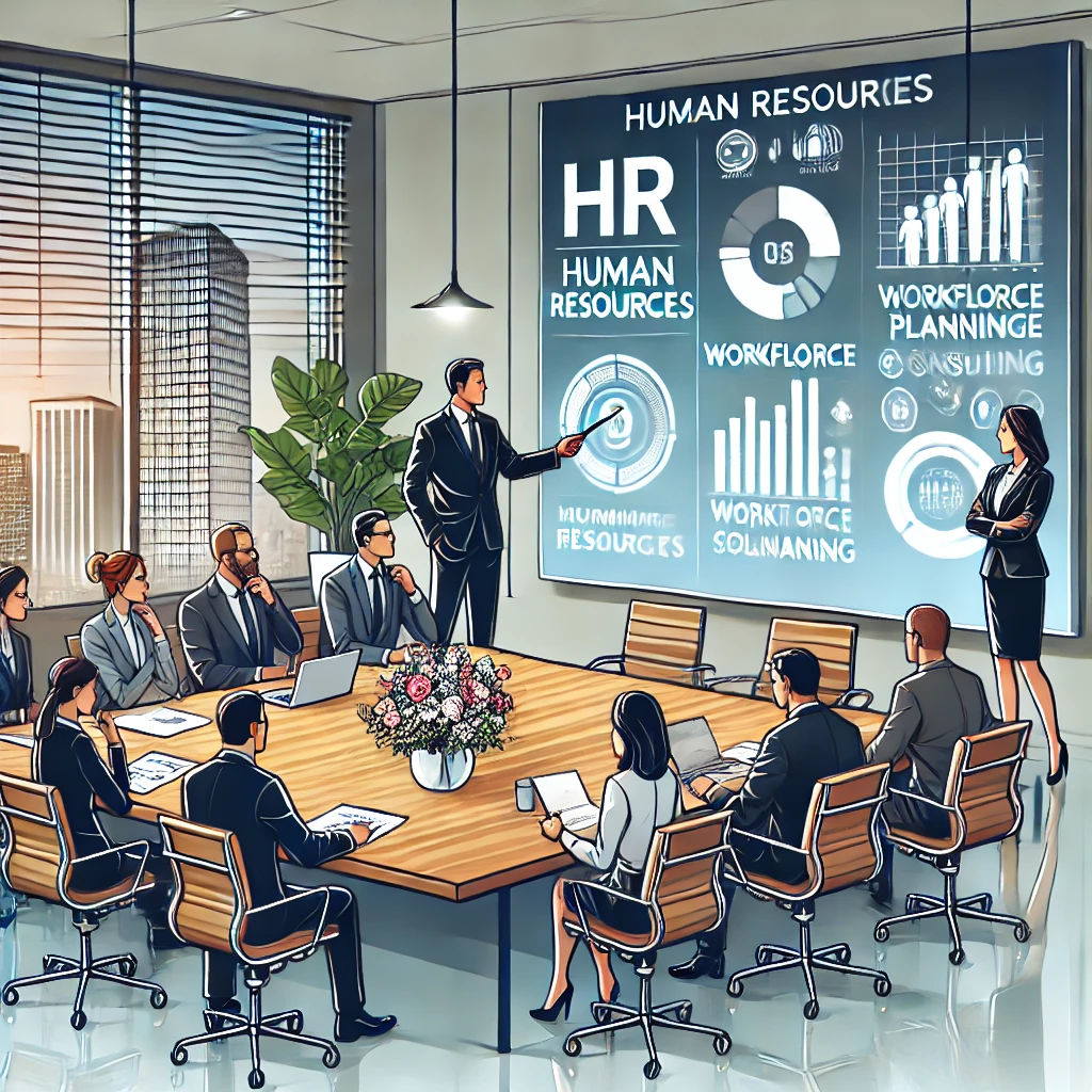 dall·e 2025-01-10 03.11.15 - an illustration of a professional office environment showcasing human resources and management consulting. the scene includes a diverse group of profe.webp