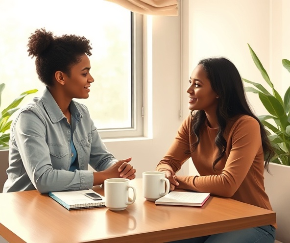 Mentor and young adult having a supportive conversation