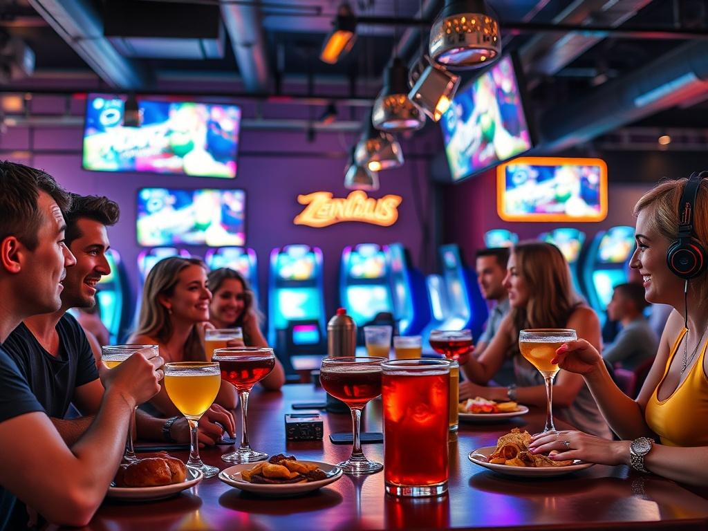 A vibrant, high-resolution image of a lively bar scene during a Happy Hour event at a gaming venue. The foreground features a diverse group of adults enjoying drinks and food, with colorful cocktails and appetizers on the table. In the background, gaming consoles and screens display thrilling games. The atmosphere is energetic and inviting, with bright lighting and a modern design, showcasing a blend of gaming and nightlife. The color palette includes bold and vibrant hues, compatible with rgb(245, 77, 77).