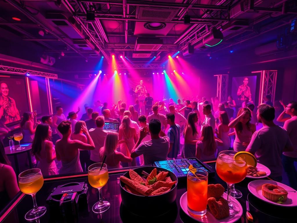 A vibrant nightclub scene featuring a live DJ mixing music on stage, a lively dance floor filled with people dancing energetically, colorful lighting creating an electric atmosphere, tables with cocktails and delicious food in the foreground, showcasing the excitement of a themed party. The background should emphasize the nightlife vibe with modern decor and a sense of fun.