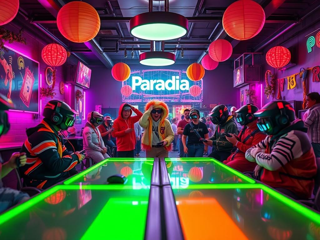 A themed gaming night at Parcadia showcasing players in creative costumes, vibrant decorations, and gaming consoles. The atmosphere is lively with neon lights and excited participants, capturing the essence of a fun and competitive gaming event.
