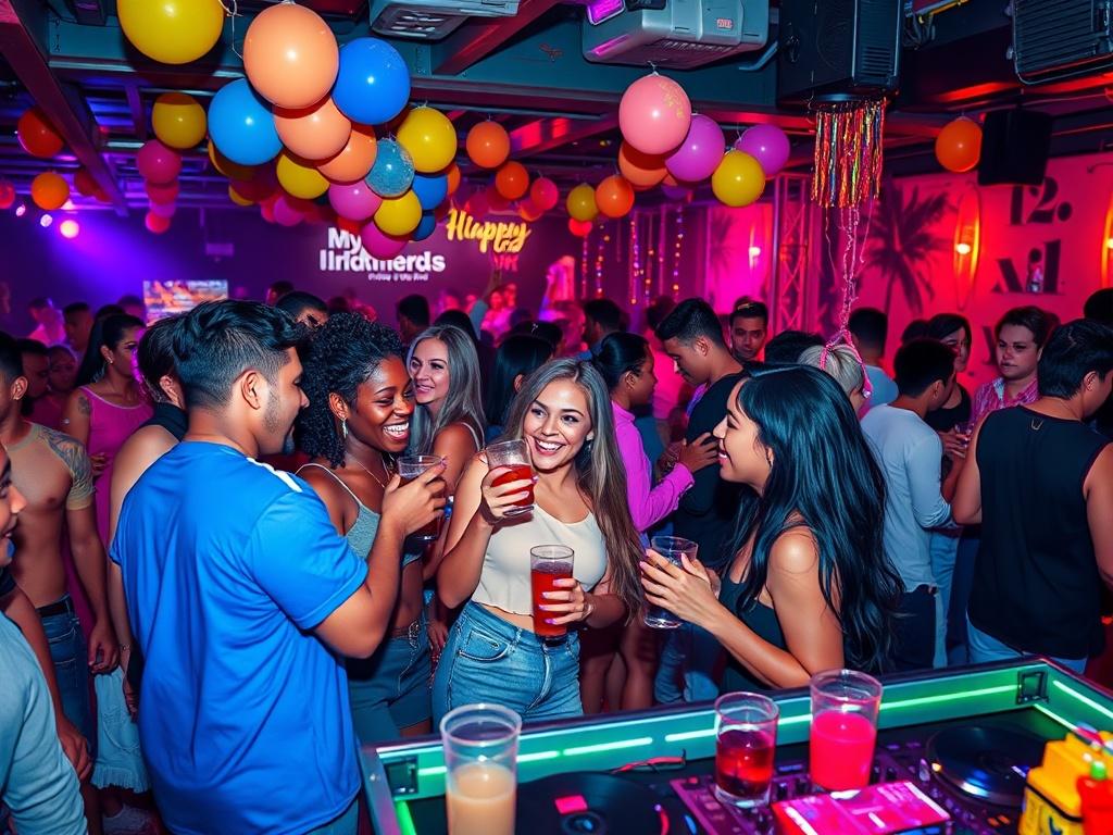A vibrant and lively scene of a themed party at a nightlife venue. The image features a crowded space with people enjoying themselves, dancing, and engaging in games. The decor should reflect a specific theme, with colorful lights, balloons, and party decorations. In the foreground, a group of friends, diverse in ethnicity, are laughing and enjoying drinks. The background includes a DJ booth with a DJ energetically mixing music, creating an electrifying atmosphere. The overall composition should convey a se