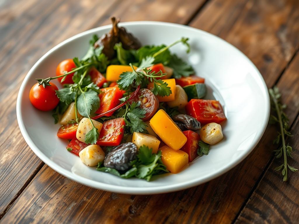 A high-resolution photo of a beautifully plated farm-to-table dish featuring vibrant seasonal vegetables and herbs, set on a rustic wooden table. The background should be softly blurred, emphasizing the dish's colors and presentation. The plate should be white to contrast with the rich greens, reds, and yellows of the ingredients, creating an inviting and appetizing scene.