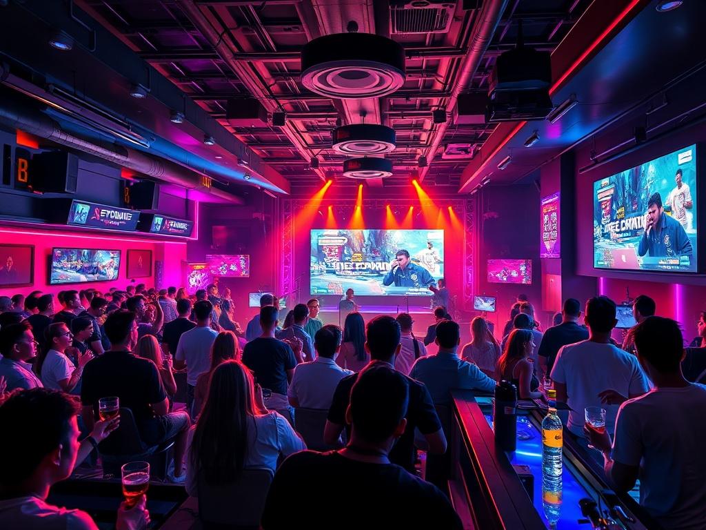 Create a high-resolution image of a lively nightlife scene featuring a crowded gaming lounge with vibrant lighting. Show a stage with a live band performing, and a large screen displaying an esports competition. The background should have people cheering, engaging in games, and enjoying drinks from the bar. Emphasize the energetic atmosphere with bold colors and clean lines, capturing the essence of a fun-filled Saturday night.