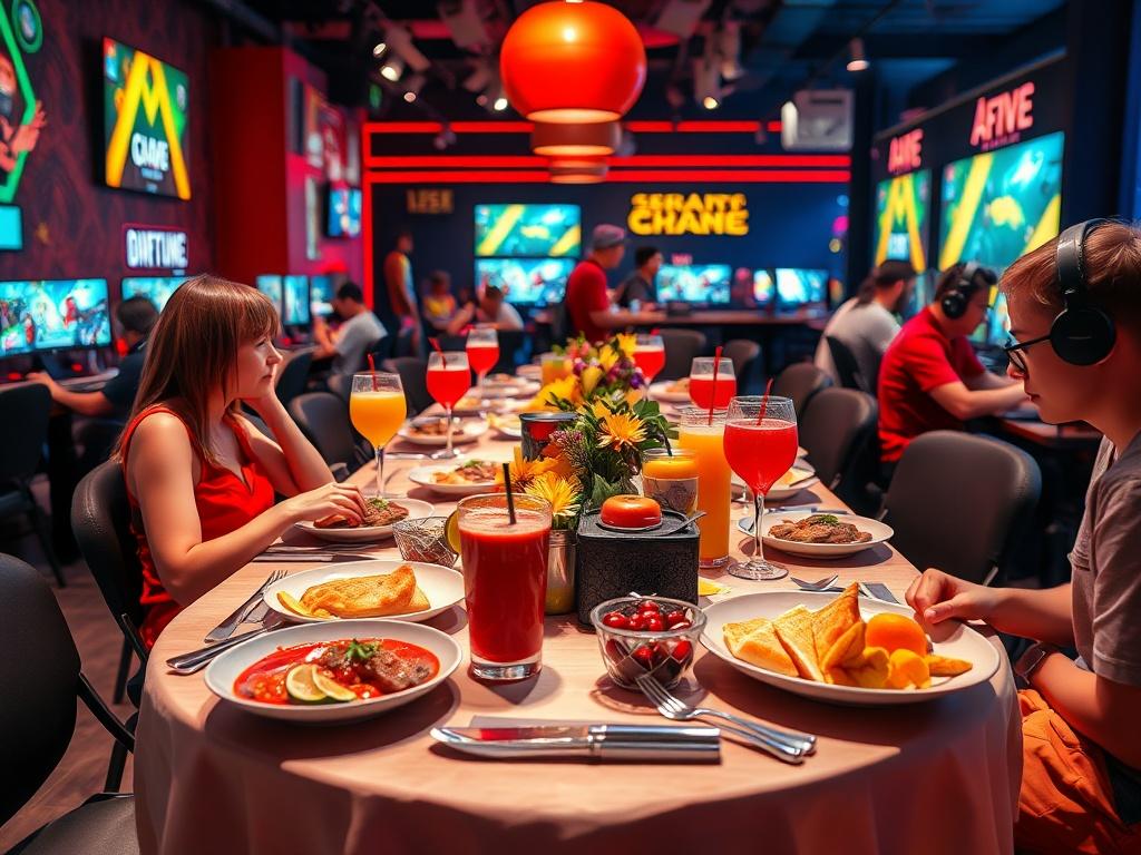 A high-resolution image featuring a vibrant brunch setting at a gaming venue. The scene includes a beautifully arranged brunch table with colorful dishes and drinks. In the background, people are engaged in esports and tabletop gameplay, showcasing a lively atmosphere. The composition should focus on the brunch table as the main subject, with a clean and minimalistic design, featuring bold vibrant colors that complement the rgb(245, 77, 77) color scheme.