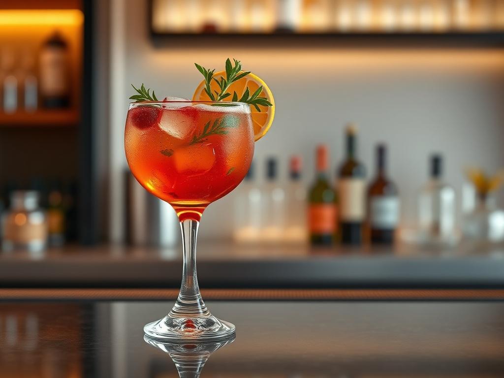 A high-resolution photo of an elegantly crafted cocktail in a stylish glass, garnished with fresh herbs and fruit, set against a minimalistic bar background with soft lighting. The cocktail is vibrant in color, showcasing the blend of ingredients, while the bar has clean lines and a sophisticated atmosphere. Focus on the drink as the main subject to highlight its details.