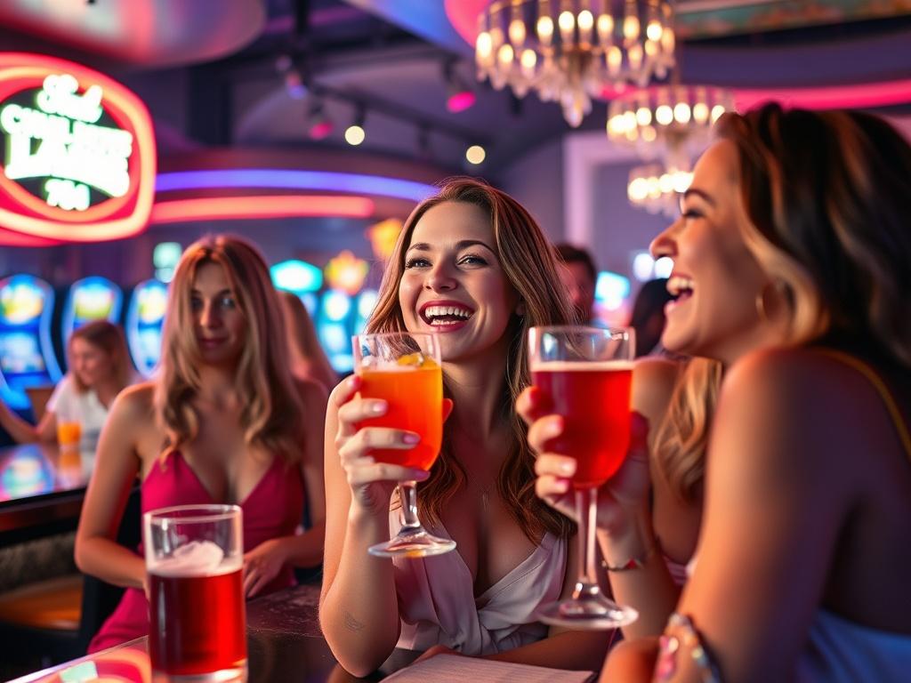 A vibrant and lively scene of a group of women enjoying an evening out at a stylish bar. The focus is on one woman holding a colorful cocktail, laughing and smiling, surrounded by friends in a chic, modern nightlife setting. The background features soft lighting, stylish decor, and hints of gaming activities in the distance. The overall atmosphere is joyful, energetic, and inviting, capturing the essence of a fun Ladies Night.