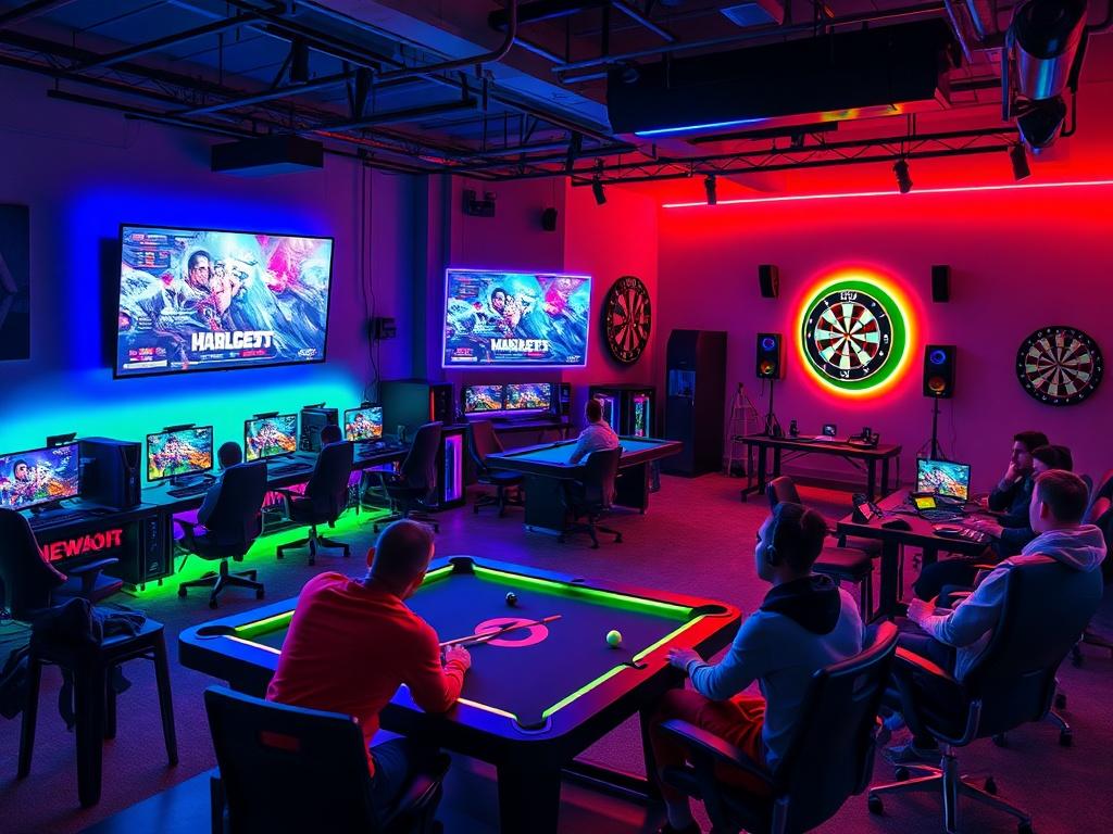 A vibrant gaming room showcasing a modern esports setup with high-end gaming PCs, large screens displaying competitive gameplay, a cozy area for tabletop board games, and a lively atmosphere filled with players enjoying billiards and darts. The scene is filled with colorful LED lights, showcasing a mix of gaming genres, with people engaged and having fun in a stylish environment.